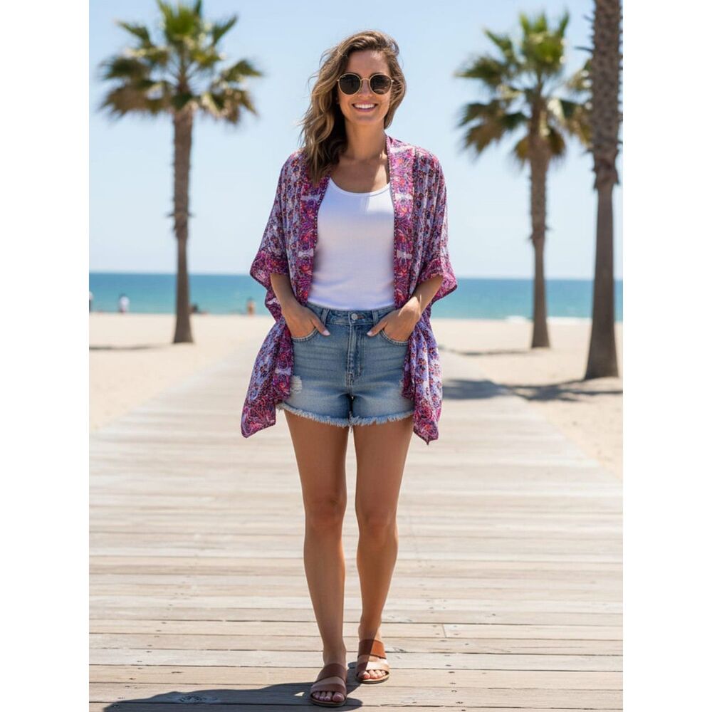 Tolani One Size Silk Blend Floral Open Front Boho Shrug Cardigan Kimono